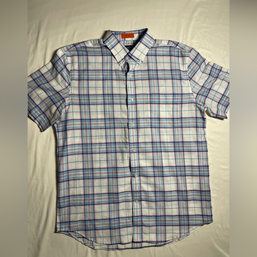 St Johns Bay Performance Mens Large Button Up Multicolor Plaid Comfort Stretch